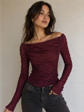 Windsor Burgundy One-Shoulder Ruched Knit Top